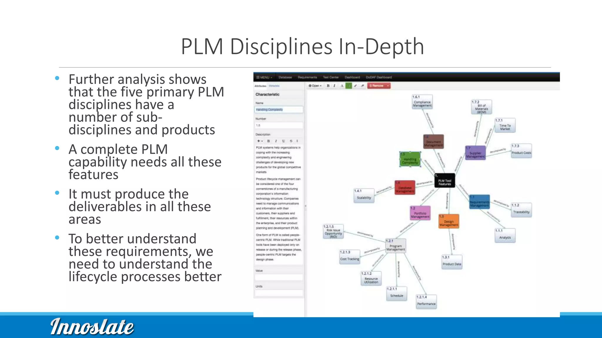 PLM Disciplines In-Depth
• Further analysis shows
that the five primary PLM
disciplines have a
number of sub-
disciplines and products
• A complete PLM
capability needs all these
features
• It must produce the
deliverables in all these
areas
• To better understand
these requirements, we
need to understand the
lifecycle processes better
 