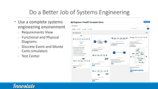 Do a Better Job of Systems Engineering
• Use a complete systems
engineering environment
o Requirements View
o Functional and Physical
Diagrams
o Discrete Event and Monte
Carlo simulators
o Test Center
 