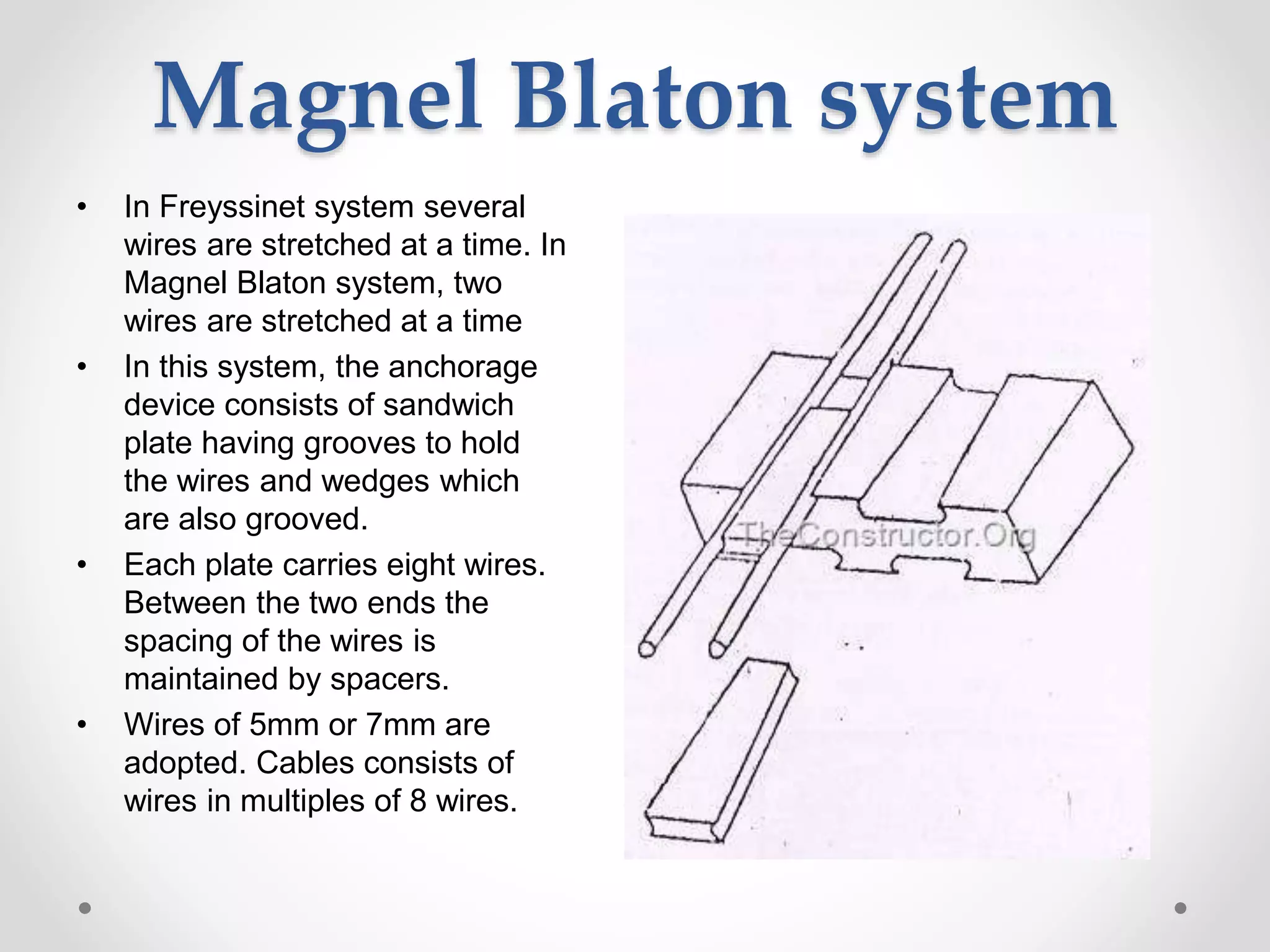 Magnel Blaton system
• In Freyssinet system several
wires are stretched at a time. In
Magnel Blaton system, two
wires are stretched at a time
• In this system, the anchorage
device consists of sandwich
plate having grooves to hold
the wires and wedges which
are also grooved.
• Each plate carries eight wires.
Between the two ends the
spacing of the wires is
maintained by spacers.
• Wires of 5mm or 7mm are
adopted. Cables consists of
wires in multiples of 8 wires.
 