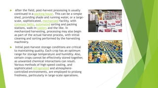  After the field, post-harvest processing is usually
continued in a packing house. This can be a simple
shed, providing shade and running water, or a large-
scale, sophisticated, mechanized facility, with
conveyor belts, automated sorting and packing
stations, walk-in coolers and the like. In
mechanized harvesting, processing may also begin
as part of the actual harvest process, with initial
cleaning and sorting performed by the harvesting
machinery.
 Initial post-harvest storage conditions are critical
to maintaining quality. Each crop has an optimum
range for storage temperature and humidity. Also,
certain crops cannot be effectively stored together,
as unwanted chemical interactions can result.
Various methods of high-speed cooling, and
sophisticated refrigerated and atmosphere-
controlled environments, are employed to prolong
freshness, particularly in large-scale operations.
 