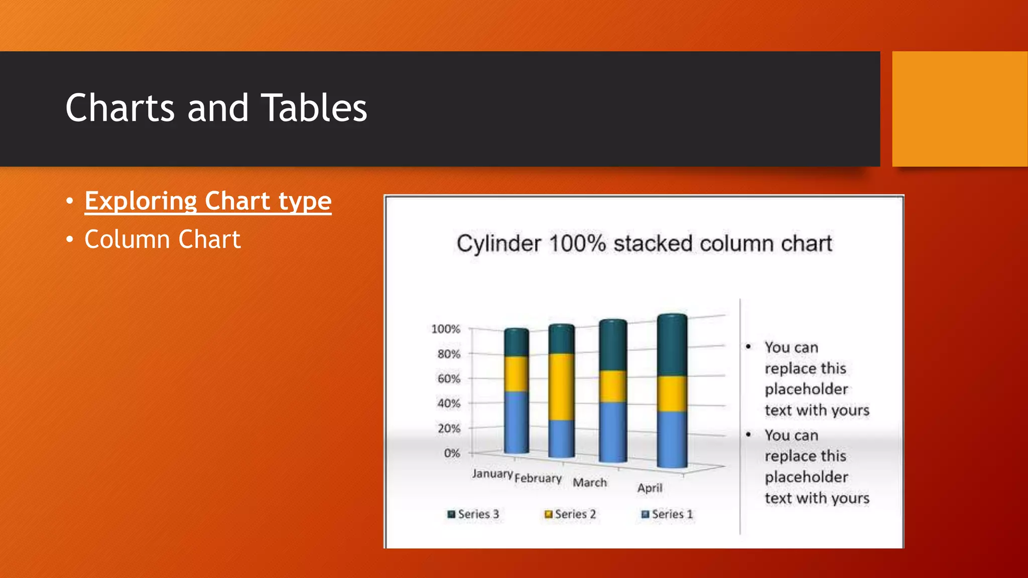Charts and Tables
• Exploring Chart type
• Column Chart
 