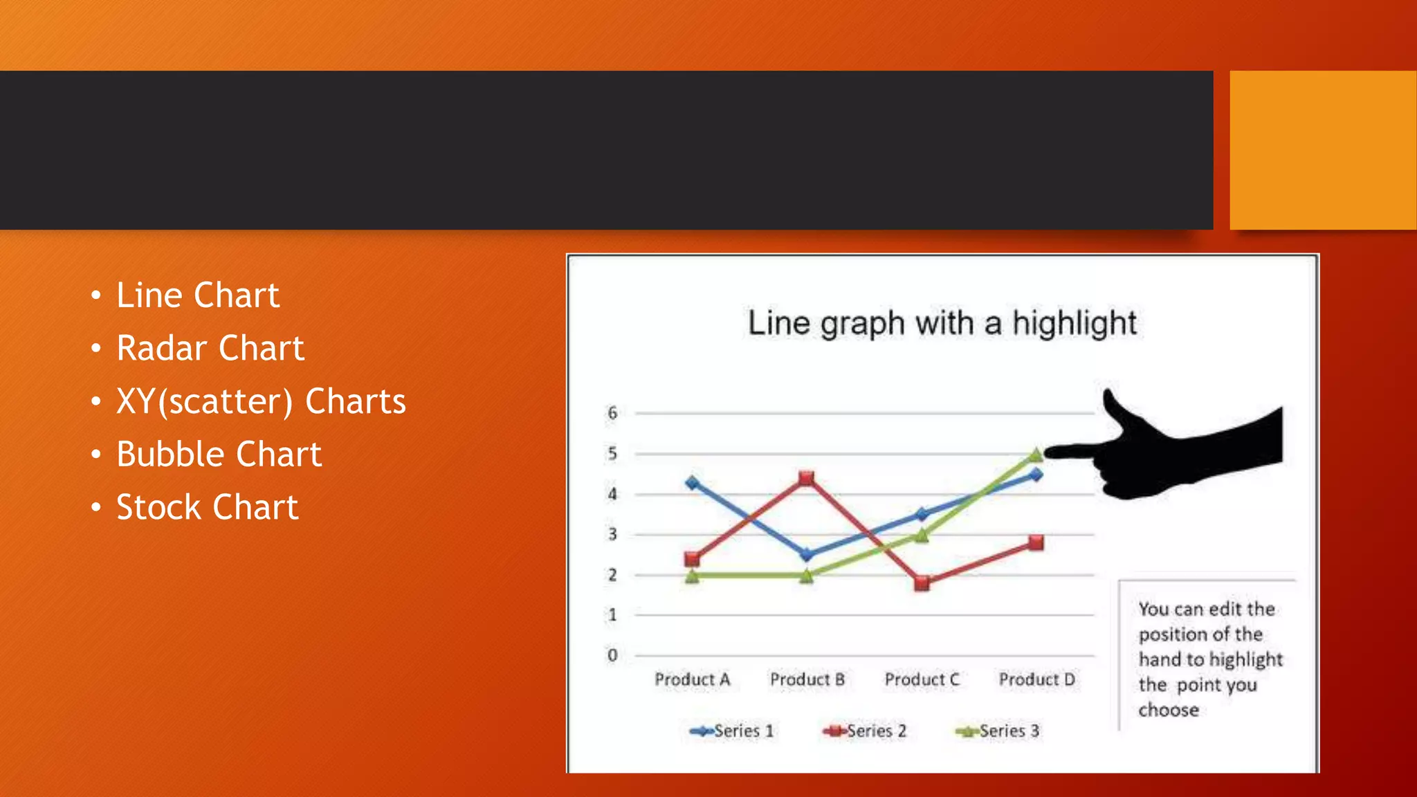 • Line Chart
• Radar Chart
• XY(scatter) Charts
• Bubble Chart
• Stock Chart
 