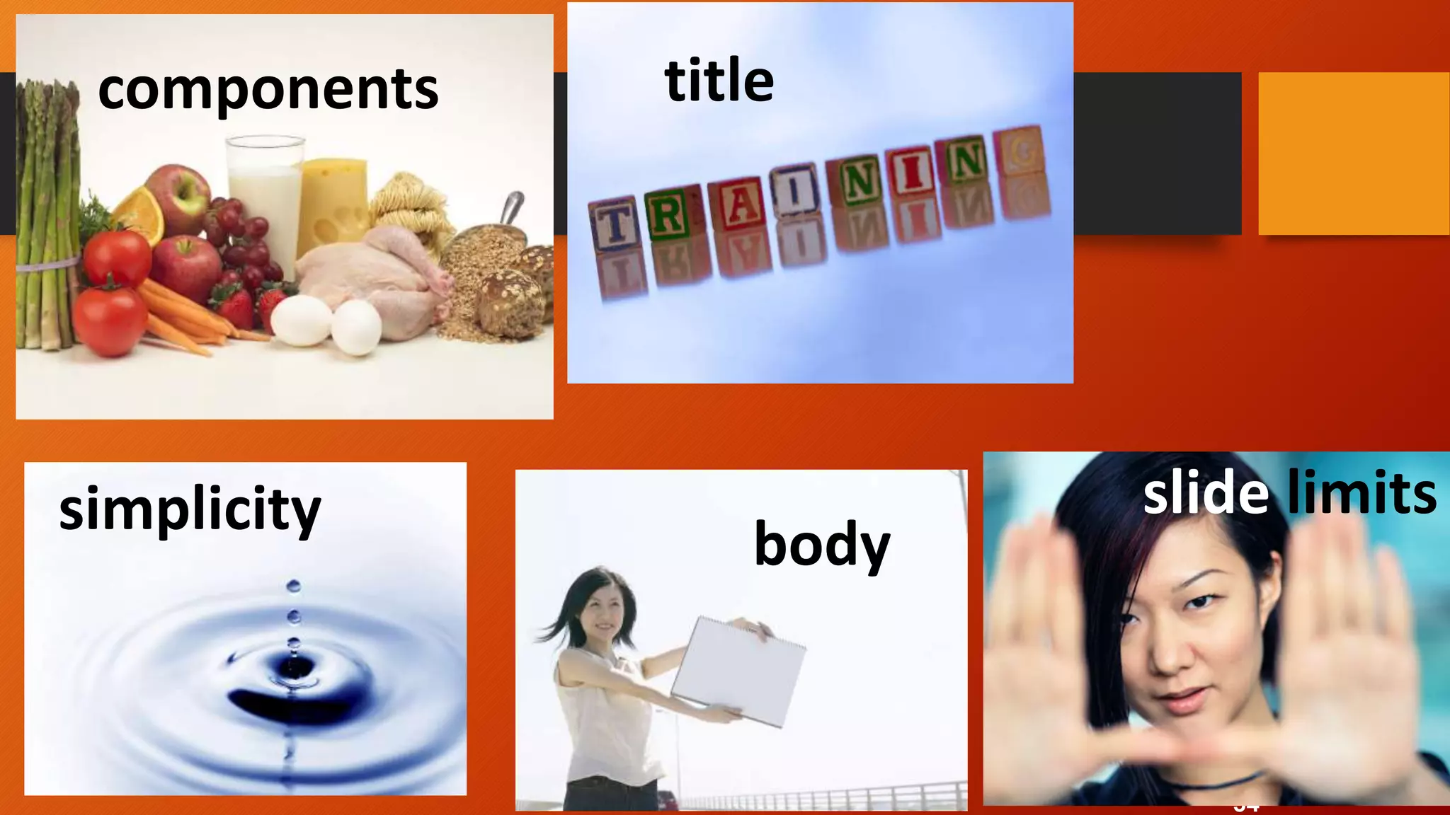 34
components title
body
slide limitssimplicity
 