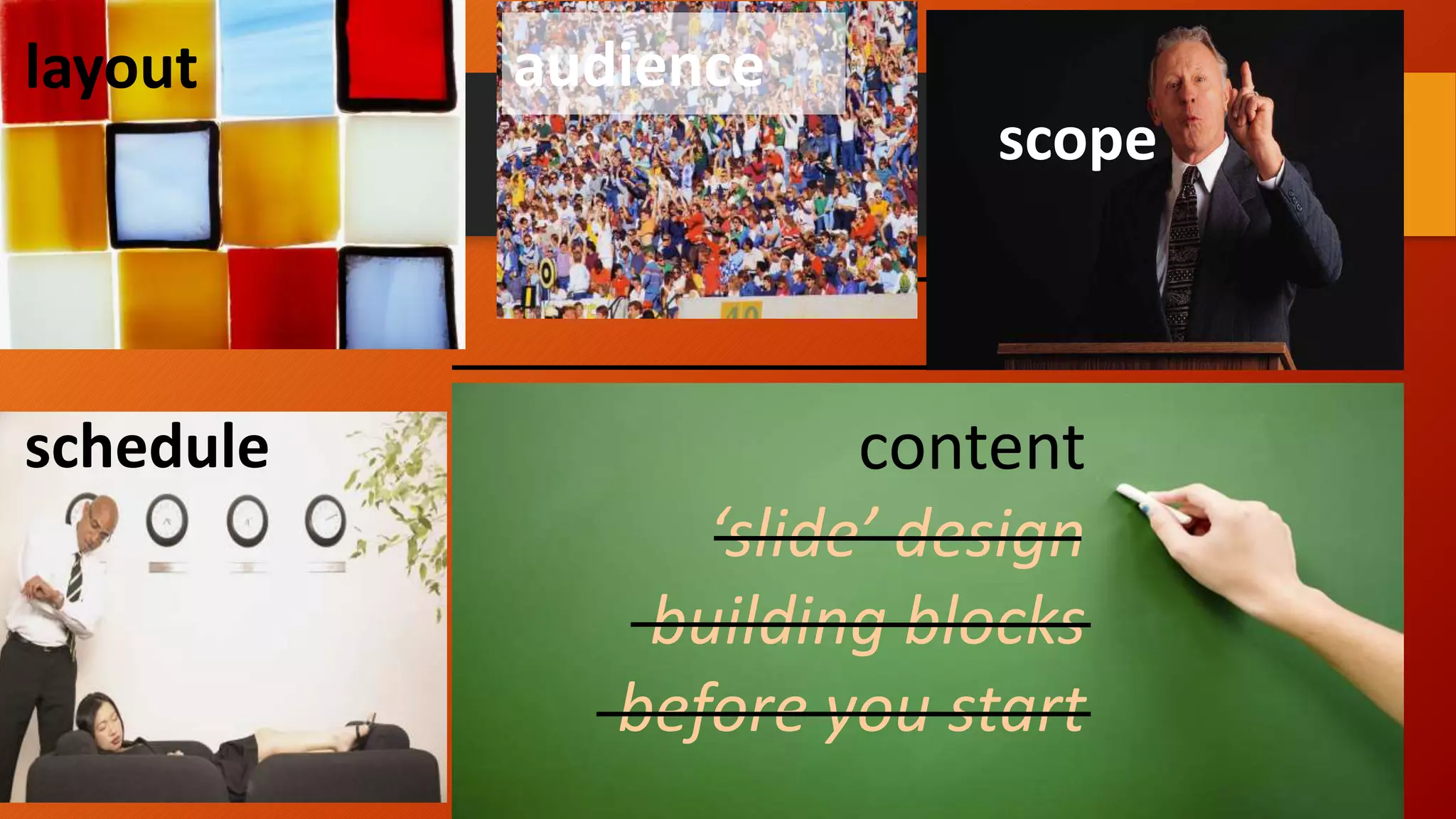 35
layout
content
‘slide’ design
building blocks
before you start
scope
audience
schedule
 