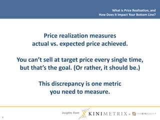 insights from
4
Price realization measures
actual vs. expected price achieved.
You can’t sell at target price every single time,
but that’s the goal. (Or rather, it should be.)
This discrepancy is one metric
you need to measure.
What is Price Realization, and
How Does It Impact Your Bottom Line?
 