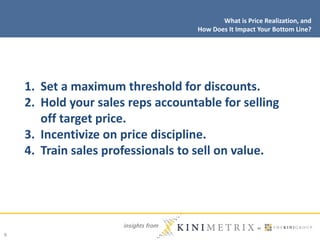 insights from
9
1. Set a maximum threshold for discounts.
2. Hold your sales reps accountable for selling
off target price...