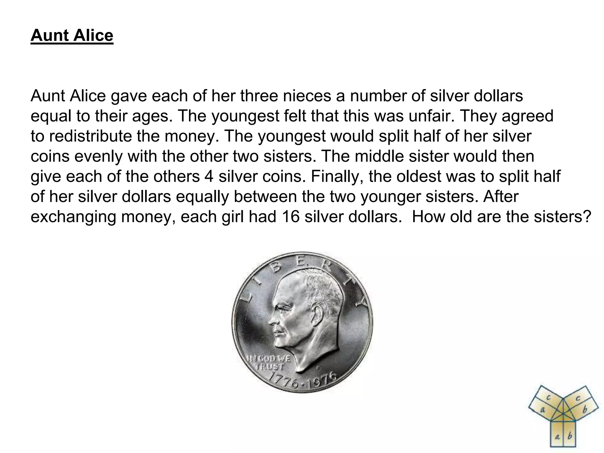 Aunt Alice
Aunt Alice gave each of her three nieces a number of silver dollars
equal to their ages. The youngest felt that this was unfair. They agreed
to redistribute the money. The youngest would split half of her silver
coins evenly with the other two sisters. The middle sister would then
give each of the others 4 silver coins. Finally, the oldest was to split half
of her silver dollars equally between the two younger sisters. After
exchanging money, each girl had 16 silver dollars. How old are the sisters?
 