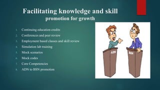 Facilitating knowledge and skill
promotion for growth
1. Continuing education credits
2. Conferences and peer review
3. Employment based classes and skill review
4. Simulation lab training
5. Mock scenarios
6. Mock codes
7. Core Competencies
8. ADN to BSN promotion
 