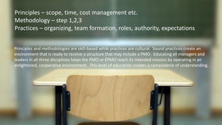Principles and methodologies are skill-based while practices are cultural. Sound practices create an
environment that is ready to receive a structure that may include a PMO. Educating all managers and
leaders in all three disciplines helps the PMO or EPMO reach its intended mission by operating in an
enlightened, cooperative environment. This level of education creates a camaraderie of understanding.
Principles – scope, time, cost management etc.
Methodology – step 1,2,3
Practices – organizing, team formation, roles, authority, expectations
 