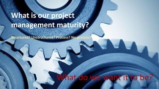 What do we want it to be?
What is our project
management maturity?
Structured? Unstructured? Process? No process?
 