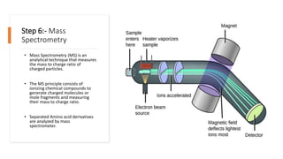 Step 6:- Mass
Spectrometry
• Mass Spectrometry (MS) is an
analytical technique that measures
the mass to charge ratio of
charged particles.
• The MS principle consists of
ionizing chemical compounds to
generate charged molecules or
mole fragments and measuring
their mass to charge ratio.
• Separated Amino acid derivatives
are analyzed by mass
spectrometer.
 