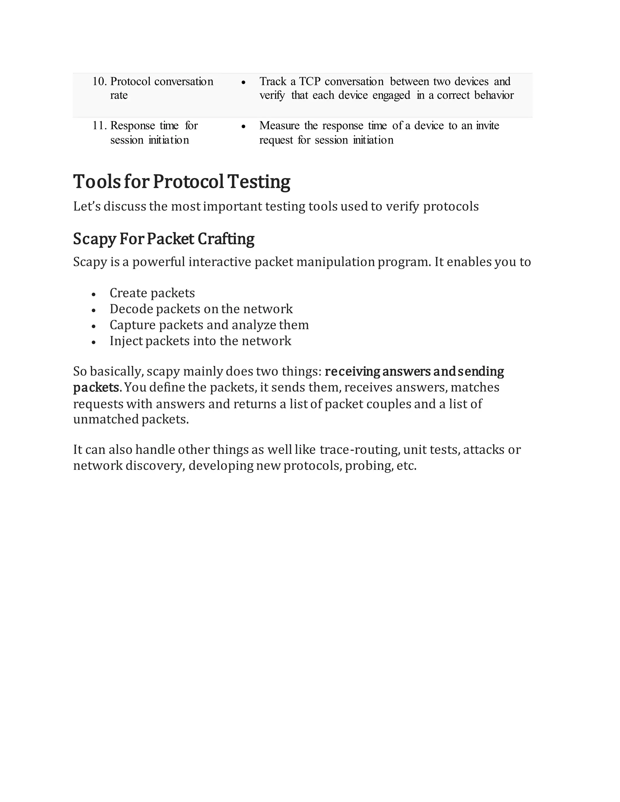 10. Protocol conversation
rate
 Track a TCP conversation between two devices and
verify that each device engaged in a correct behavior
11. Response time for
session initiation
 Measure the response time of a device to an invite
request for session initiation
Toolsfor Protocol Testing
Let’s discuss the most important testing tools used to verify protocols
Scapy ForPacket Crafting
Scapy is a powerful interactive packet manipulation program. It enables you to
 Create packets
 Decode packets on the network
 Capture packets and analyze them
 Inject packets into the network
So basically, scapy mainly does two things: receiving answers andsending
packets.You define the packets, it sends them, receives answers, matches
requests with answers and returns a list of packet couples and a list of
unmatched packets.
It can also handle other things as well like trace-routing, unit tests, attacks or
network discovery, developing new protocols, probing, etc.
 