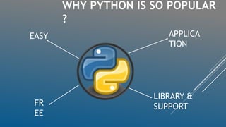 WHY PYTHON IS SO POPULAR
?
EASY
FR
EE
APPLICA
TION
LIBRARY &
SUPPORT
 