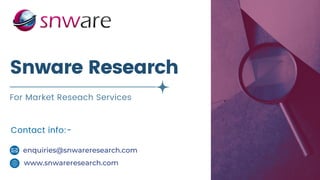Snware Research
For Market Reseach Services
Contact info:-
www.snwareresearch.com
enquiries@snwareresearch.com
 