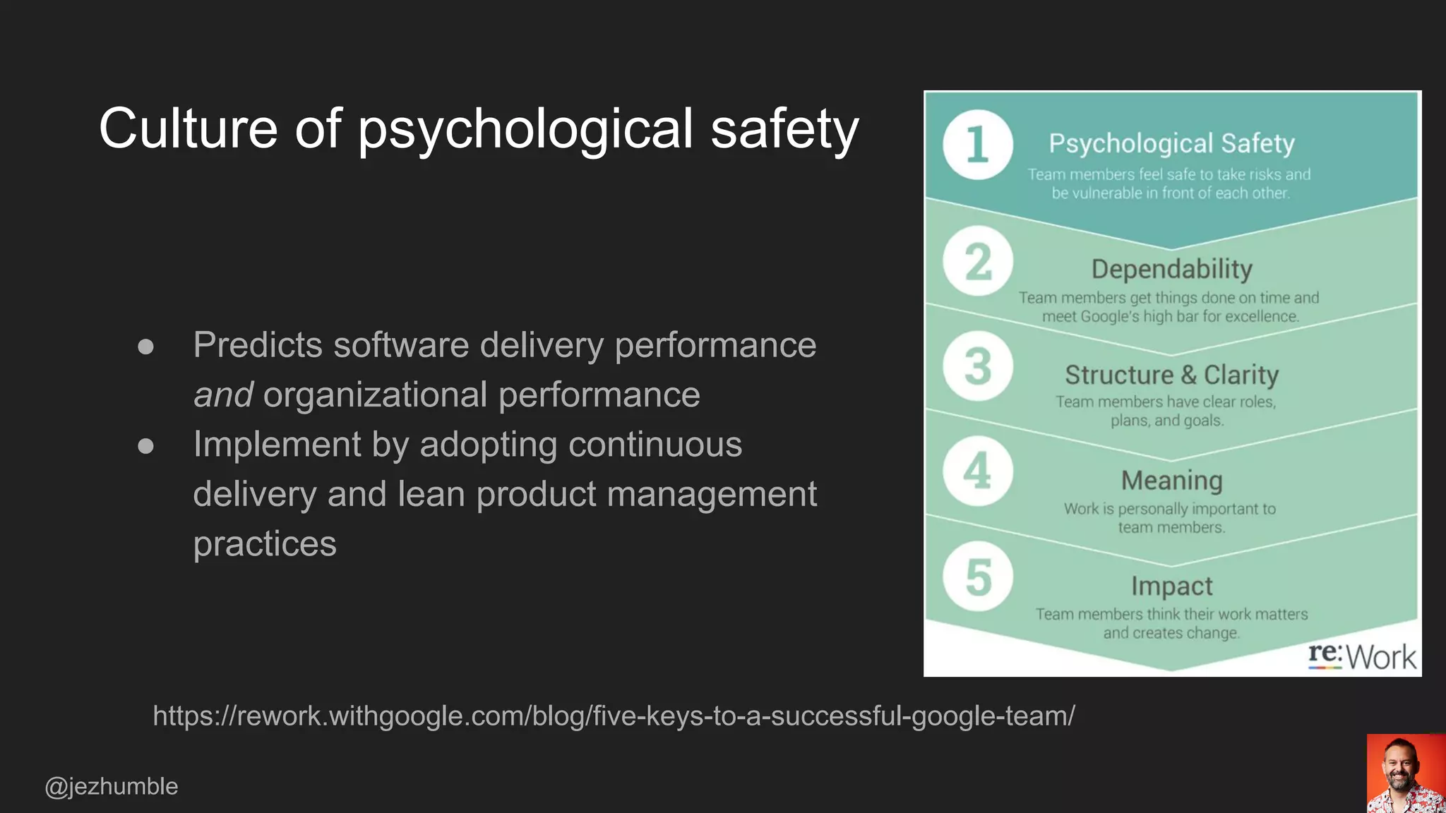 https://rework.withgoogle.com/blog/five-keys-to-a-successful-google-team/
Culture of psychological safety
● Predicts software delivery performance
and organizational performance
● Implement by adopting continuous
delivery and lean product management
practices
@jezhumble
 