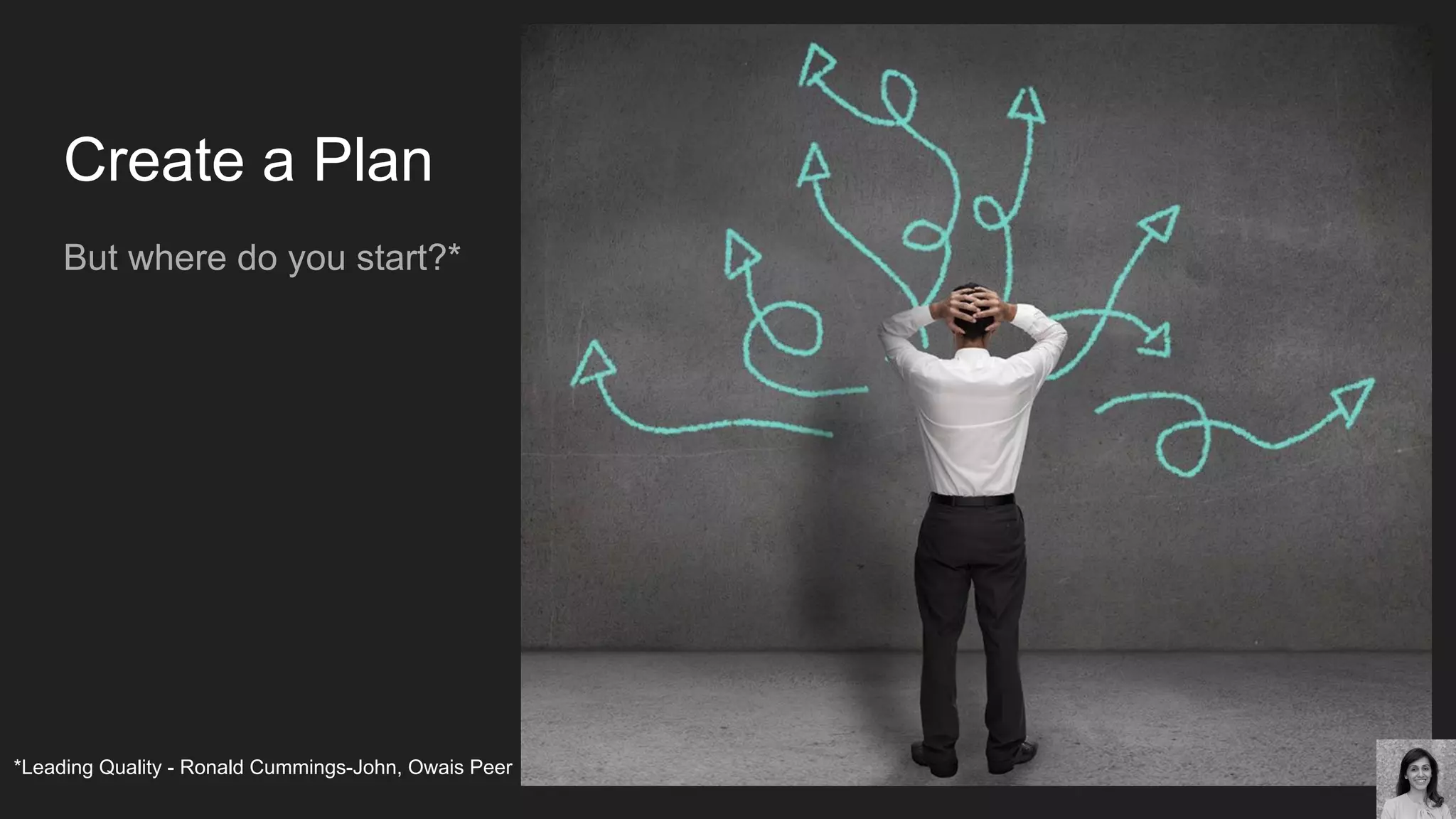 Create a Plan
But where do you start?*
*Leading Quality - Ronald Cummings-John, Owais Peer
 