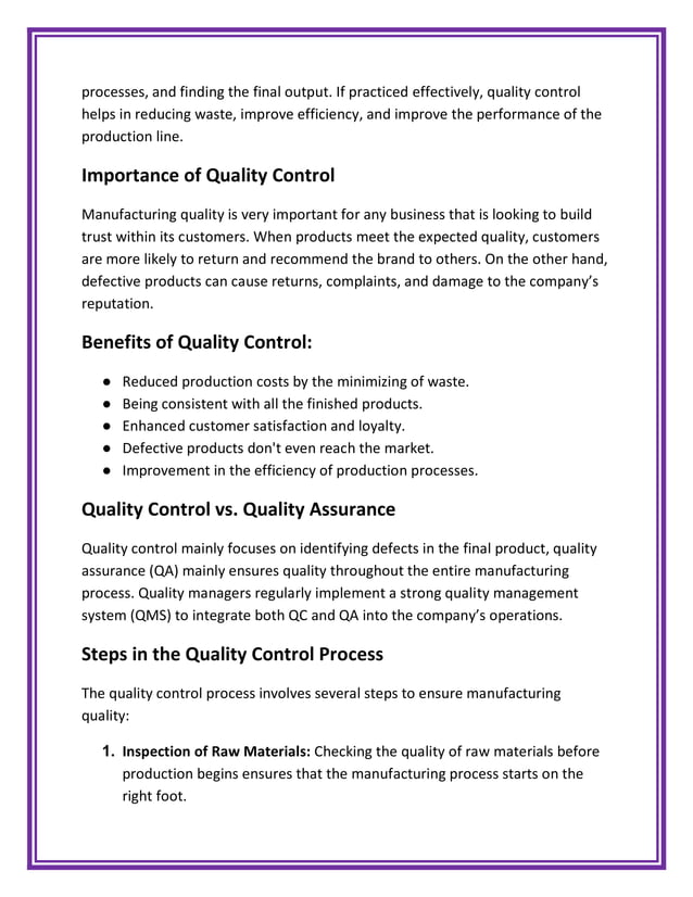 What is Quality Control in Manufacturing Meaning, Role and Types | PDF
