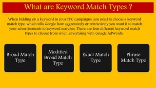 What are Keyword Match Types ?
When bidding on a keyword in your PPC campaigns, you need to choose a keyword
match type, which tells Google how aggressively or restrictively you want it to match
your advertisements to keyword searches. There are four different keyword match
types to choose from when advertising with Google AdWords.
Broad Match
Type
Modified
Broad Match
Type
Exact Match
Type
Phrase
Match Type
 