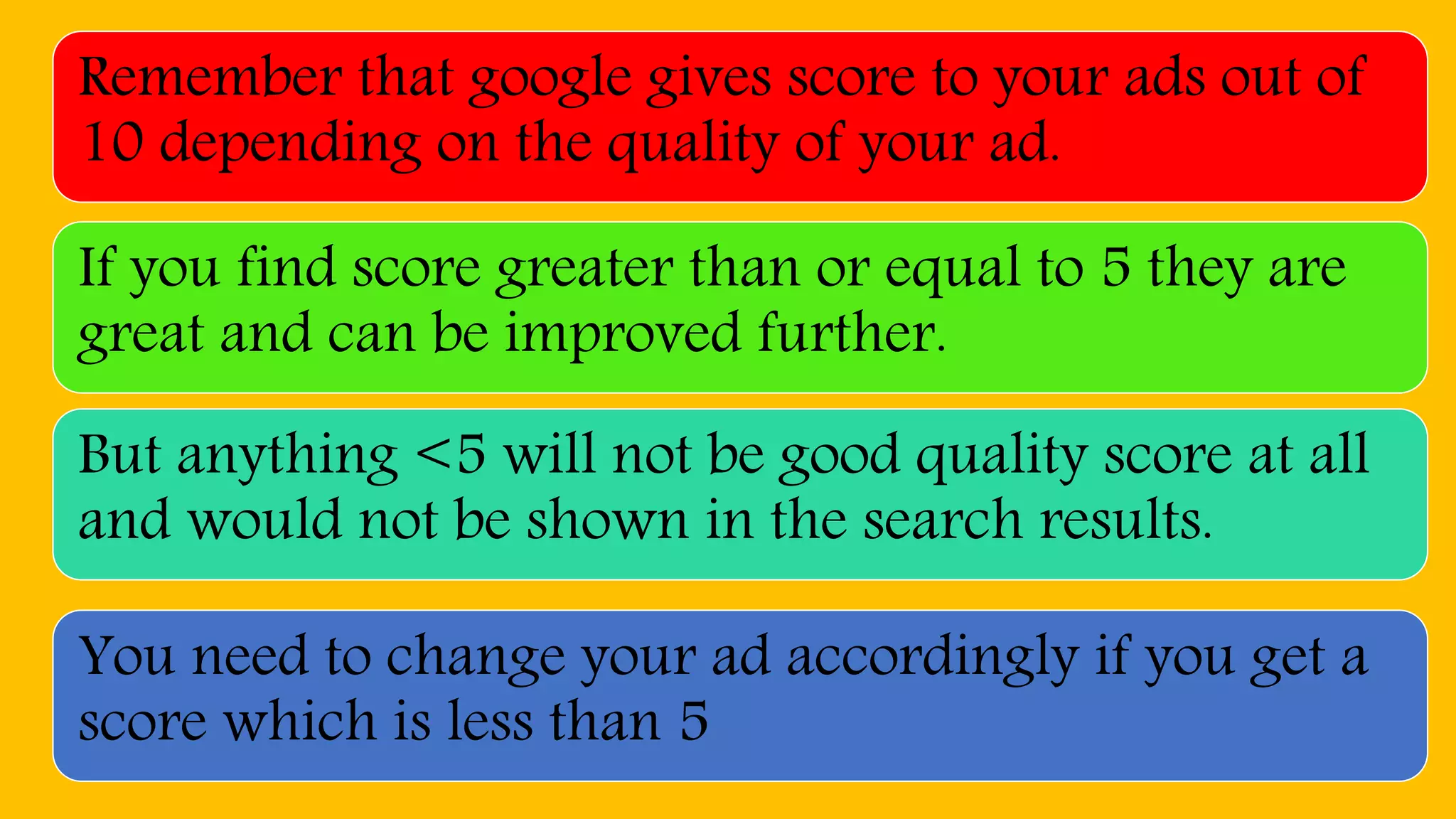 Remember that google gives score to your ads out of
10 depending on the quality of your ad.
If you find score greater than or equal to 5 they are
great and can be improved further.
But anything <5 will not be good quality score at all
and would not be shown in the search results.
You need to change your ad accordingly if you get a
score which is less than 5
 