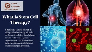 What is Stem Cell
Therapy?
A stem cell is a unique cell with the
ability to develop into any cell and is
the future of medicine. Stem Cells can
replace, restore, and regenerate
organs, tissues, cells that have been
damaged, diseased, and inflammed
with a non-surgical procedure.
 