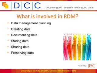 … because good research needs good data



      What is involved in RDM?
• Data management planning
• Creating data
• Doc...