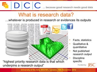 … because good research needs good data


           What is research data?
 …whatever is produced in research or evidence...