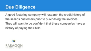 Due Diligence
A good factoring company will research the credit history of
the seller’s customers prior to purchasing the invoices.
They will want to be confident that these companies have a
history of paying their bills.

 