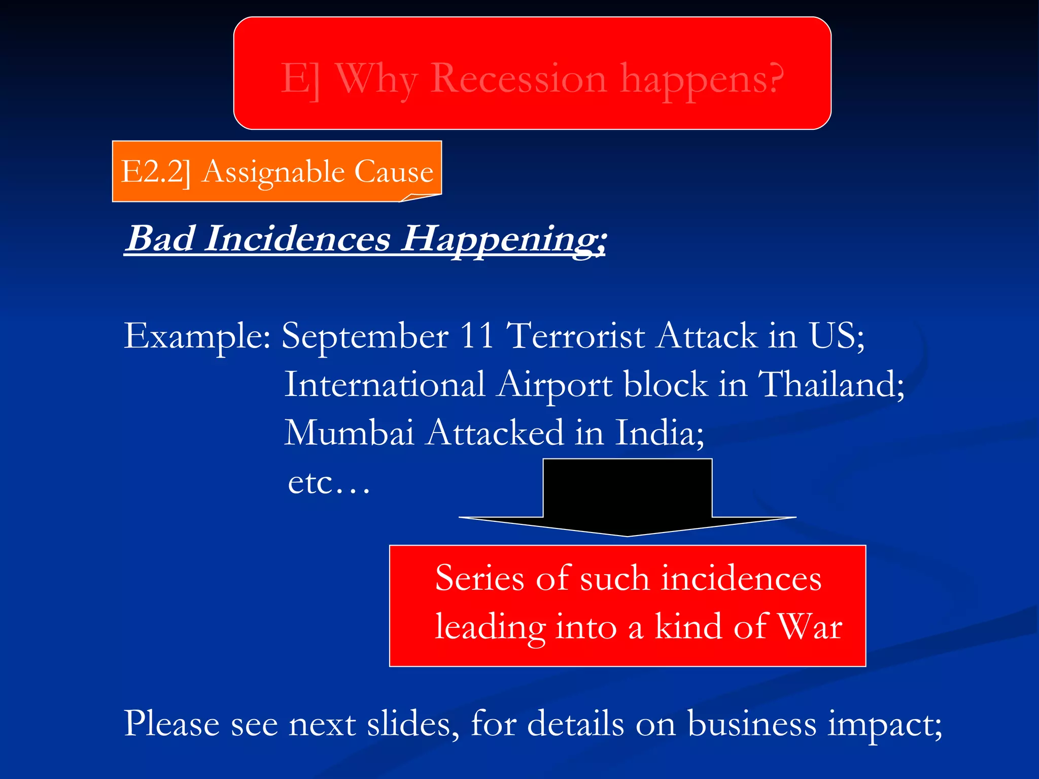 Bad Incidences Happening; Example: September 11 Terrorist Attack in US; International Airport block in Thailand; Mumbai Attacked in India;   etc… Series of such incidences leading into a kind of War Please see next slides, for details on business impact; E] Why Recession happens? E2.2] Assignable Cause 