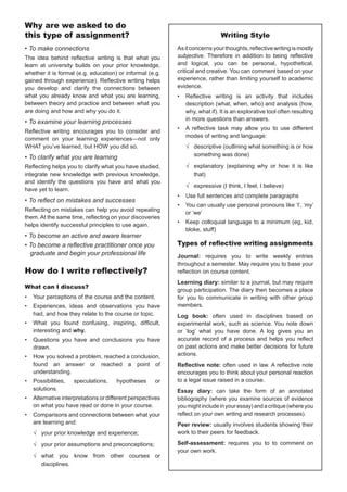 Why are we asked to do
this type of assignment?                                                     Writing Style
• To make connections                                      As it concerns your thoughts, reflective writing is mostly
The idea behind reflective writing is that what you        subjective. Therefore in addition to being reflective
learn at university builds on your prior knowledge,        and logical, you can be personal, hypothetical,
whether it is formal (e.g. education) or informal (e.g.    critical and creative. You can comment based on your
gained through experience). Reflective writing helps       experience, rather than limiting yourself to academic
you develop and clarify the connections between            evidence.
what you already know and what you are learning,           •	 Reflective writing is an activity that includes
between theory and practice and between what you              description (what, when, who) and analysis (how,
are doing and how and why you do it.                          why, what if). It is an explorative tool often resulting
                                                              in more questions than answers.
• To examine your learning processes
                                                           •	 A reflective task may allow you to use different
Reflective writing encourages you to consider and
                                                              modes of writing and language:
comment on your learning experiences—not only
WHAT you’ve learned, but HOW you did so.                      √ descriptive (outlining what something is or how
• To clarify what you are learning                              something was done)

Reflecting helps you to clarify what you have studied,        √ explanatory (explaining why or how it is like
integrate new knowledge with previous knowledge,                that)
and identify the questions you have and what you
                                                              √ expressive (I think, I feel, I believe)
have yet to learn.
                                                           •	 Use full sentences and complete paragraphs
• To reflect on mistakes and successes
                                                           •	 You can usually use personal pronouns like ‘I’, ‘my’
Reflecting on mistakes can help you avoid repeating
                                                              or ‘we’
them. At the same time, reflecting on your discoveries
                                                           •	 Keep colloquial language to a minimum (eg, kid,
helps identify successful principles to use again.
                                                              bloke, stuff)
• To become an active and aware learner
• To become a reflective practitioner once you 	           Types of reflective writing assignments
  graduate and begin your professional life                Journal: requires you to write weekly entries
                                                           throughout a semester. May require you to base your
How do I write reflectively?                               reflection on course content.
                                                           Learning diary: similar to a journal, but may require
What can I discuss?
                                                           group participation. The diary then becomes a place
•	 Your perceptions of the course and the content.         for you to communicate in writing with other group
•	 Experiences, ideas and observations you have            members.
   had, and how they relate to the course or topic.        Log book: often used in disciplines based on
•	 What you found confusing, inspiring, difficult,         experimental work, such as science. You note down
   interesting and why.                                    or ‘log’ what you have done. A log gives you an
•	 Questions you have and conclusions you have             accurate record of a process and helps you reflect
   drawn.                                                  on past actions and make better decisions for future
• 	 How you solved a problem, reached a conclusion,        actions.
    found an answer or reached a point of                  Reflective note: often used in law. A reflective note
    understanding.                                         encourages you to think about your personal reaction
•	 Possibilities,   speculations,    hypotheses      or    to a legal issue raised in a course.
   solutions.                                              Essay diary: can take the form of an annotated
•	 Alternative interpretations or different perspectives   bibliography (where you examine sources of evidence
   on what you have read or done in your course.           you might include in your essay) and a critique (where you
•	 Comparisons and connections between what your           reflect on your own writing and research processes).
   are learning and:                                       Peer review: usually involves students showing their
   √ your prior knowledge and experience;                  work to their peers for feedback.

   √ your prior assumptions and preconceptions;            Self-assessment: requires you to to comment on
                                                           your own work.
   √ what you know from other courses or
     disciplines.
 