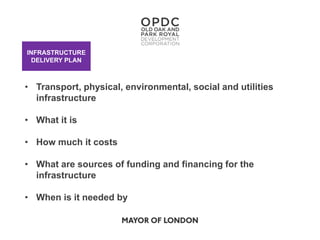 INFRASTRUCTURE
DELIVERY PLAN
• Transport, physical, environmental, social and utilities
infrastructure
• What it is
• How much it costs
• What are sources of funding and financing for the
infrastructure
• When is it needed by
 