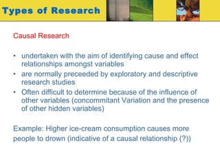 Types of Research Causal Research undertaken with the aim of identifying cause and effect relationships amongst variables  are normally preceeded by exploratory and descriptive research studies Often difficult to determine because of the influence of other variables (concommitant Variation and the presence of other hidden variables) Example: Higher ice-cream consumption causes more  people to drown (indicative of a causal relationship (?)) 