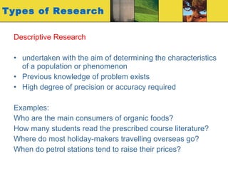 Types of Research Descriptive Research undertaken with the aim of determining the characteristics of a population or phenomenon Previous knowledge of problem exists High degree of precision or accuracy required Examples:  Who are the main consumers of organic foods? How many students read the prescribed course literature? Where do most holiday-makers travelling overseas go? When do petrol stations tend to raise their prices?  
