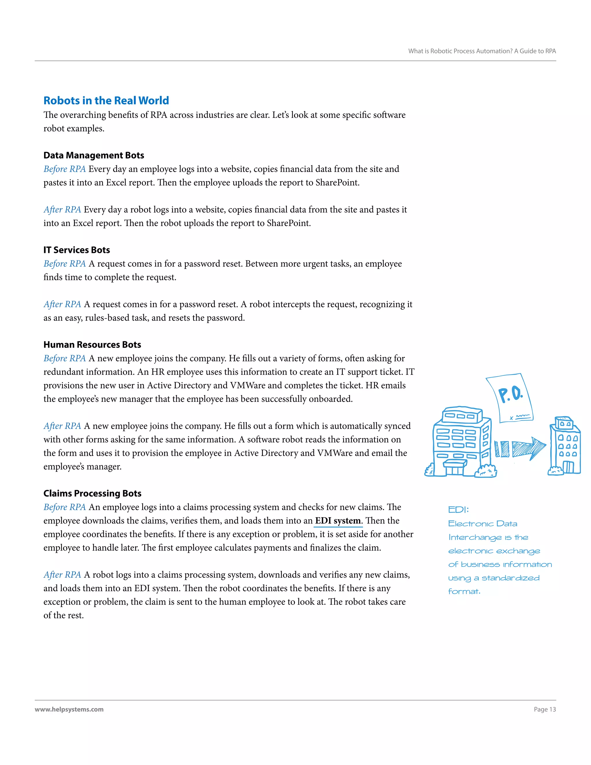 Page 13www.helpsystems.com
What is Robotic Process Automation? A Guide to RPA
Robots in the Real World
The overarching benefits of RPA across industries are clear. Let’s look at some specific software
robot examples.
Data Management Bots
Before RPA Every day an employee logs into a website, copies financial data from the site and
pastes it into an Excel report. Then the employee uploads the report to SharePoint.
After RPA Every day a robot logs into a website, copies financial data from the site and pastes it
into an Excel report. Then the robot uploads the report to SharePoint.
IT Services Bots
Before RPA A request comes in for a password reset. Between more urgent tasks, an employee
finds time to complete the request.
After RPA A request comes in for a password reset. A robot intercepts the request, recognizing it
as an easy, rules-based task, and resets the password.
Human Resources Bots
Before RPA A new employee joins the company. He fills out a variety of forms, often asking for
redundant information. An HR employee uses this information to create an IT support ticket. IT
provisions the new user in Active Directory and VMWare and completes the ticket. HR emails
the employee’s new manager that the employee has been successfully onboarded.
After RPA A new employee joins the company. He fills out a form which is automatically synced
with other forms asking for the same information. A software robot reads the information on
the form and uses it to provision the employee in Active Directory and VMWare and email the
employee’s manager.
Claims Processing Bots
Before RPA An employee logs into a claims processing system and checks for new claims. The
employee downloads the claims, verifies them, and loads them into an EDI system. Then the
employee coordinates the benefits. If there is any exception or problem, it is set aside for another
employee to handle later. The first employee calculates payments and finalizes the claim.
After RPA A robot logs into a claims processing system, downloads and verifies any new claims,
and loads them into an EDI system. Then the robot coordinates the benefits. If there is any
exception or problem, the claim is sent to the human employee to look at. The robot takes care
of the rest.
EDI:
Electronic Data
Interchange is the
electronic exchange
of business information
using a standardized
format.
 