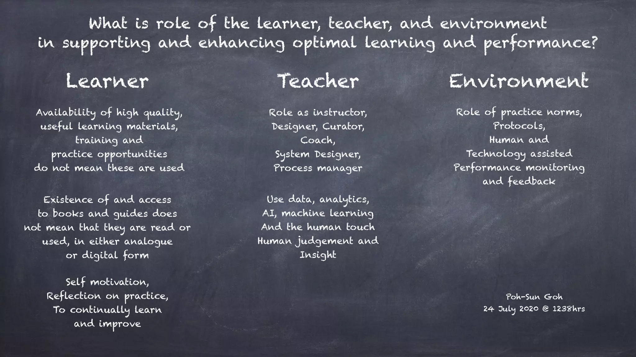 What is role of the learner, teacher, and environment
in supporting and enhancing optimal learning and performance?
Learner Teacher Environment
Availability of high quality,
useful learning materials,
training and
practice opportunities
do not mean these are used
Role of practice norms,
Protocols,
Human and
Technology assisted
Performance monitoring
and feedback
Role as instructor,
Designer, Curator,
Coach,
System Designer,
Process manager
Existence of and access
to books and guides does
not mean that they are read or
used, in either analogue
or digital form
Self motivation,
Reflection on practice,
To continually learn
and improve
Use data, analytics,
AI, machine learning
And the human touch
Human judgement and
Insight
Poh-Sun Goh
24 July 2020 @ 1238hrs