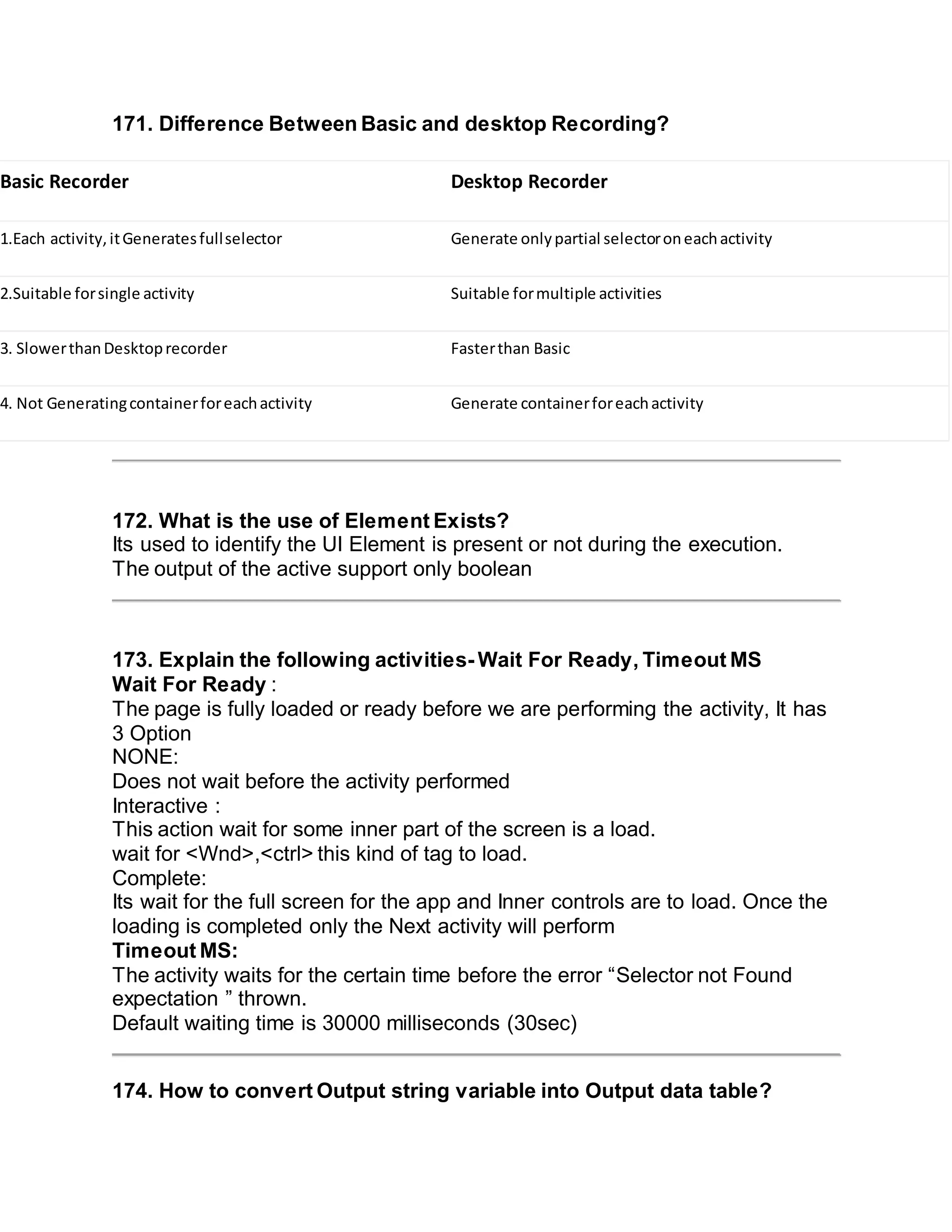 171. Difference Between Basic and desktop Recording?
Basic Recorder Desktop Recorder
1.Each activity,itGeneratesfullselector Generate onlypartial selectoroneachactivity
2.Suitable forsingle activity Suitable formultiple activities
3. SlowerthanDesktoprecorder Fasterthan Basic
4. Not Generatingcontainerforeachactivity Generate containerforeachactivity
172. What is the use of Element Exists?
Its used to identify the UI Element is present or not during the execution.
The output of the active support only boolean
173. Explain the following activities- Wait For Ready, Timeout MS
Wait For Ready :
The page is fully loaded or ready before we are performing the activity, It has
3 Option
NONE:
Does not wait before the activity performed
Interactive :
This action wait for some inner part of the screen is a load.
wait for <Wnd>,<ctrl> this kind of tag to load.
Complete:
Its wait for the full screen for the app and Inner controls are to load. Once the
loading is completed only the Next activity will perform
Timeout MS:
The activity waits for the certain time before the error “Selector not Found
expectation ” thrown.
Default waiting time is 30000 milliseconds (30sec)
174. How to convert Output string variable into Output data table?
 
