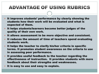  It improves students’ performance by clearly showing the
students how their work will be evaluated and what is
expected of them.
 It helps students/learners become better judges of the
quality of their own work.
 It allows assessment to be more objective and consistent.
 It reduces the amount of time of teachers spend evaluating
students work.
 It helps the teacher to clarify his/her criteria in specific
terms. It promotes student awareness on the criteria to use
in assessing peer performance.
 It provides useful feedback to the teacher regarding the
effectiveness of instruction. It provides students with more
feedback about their strengths and weaknesses.
 It is easy to use and easy to explain.
 