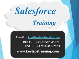 Salesforce
Training
E-mail : - info@keylabstraining.com
INDIA:- +91-95506 45679
USA:- +1 908-366-7933
www.keylabstraining.com
 