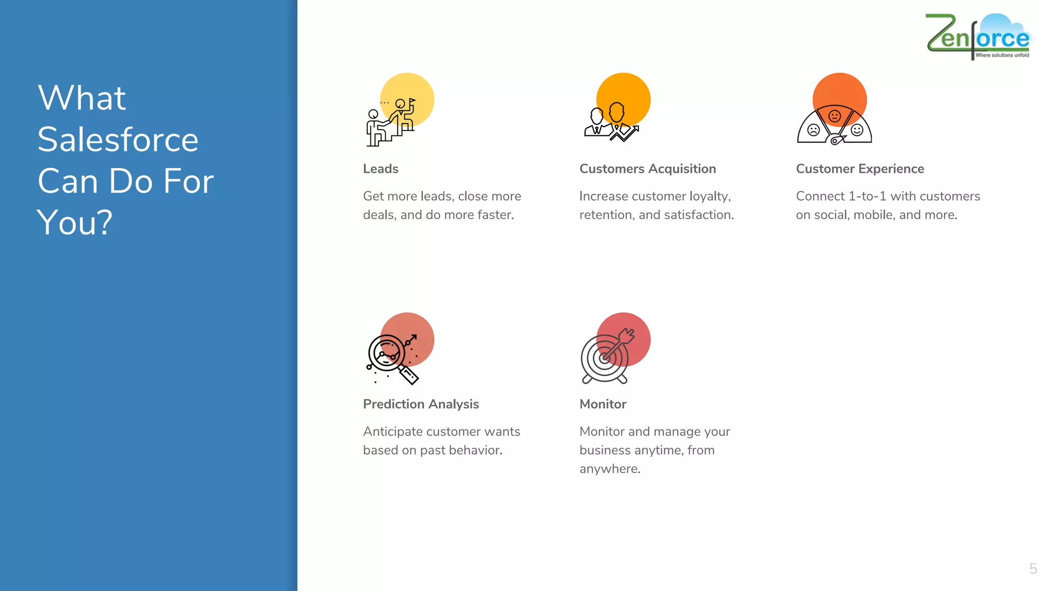 What
Salesforce
Can Do For
You?
Leads
Get more leads, close more
deals, and do more faster.
Customers Acquisition
Increase customer loyalty,
retention, and satisfaction.
Customer Experience
Connect 1-to-1 with customers
on social, mobile, and more.
5
Prediction Analysis
Anticipate customer wants
based on past behavior.
Monitor
Monitor and manage your
business anytime, from
anywhere.
 