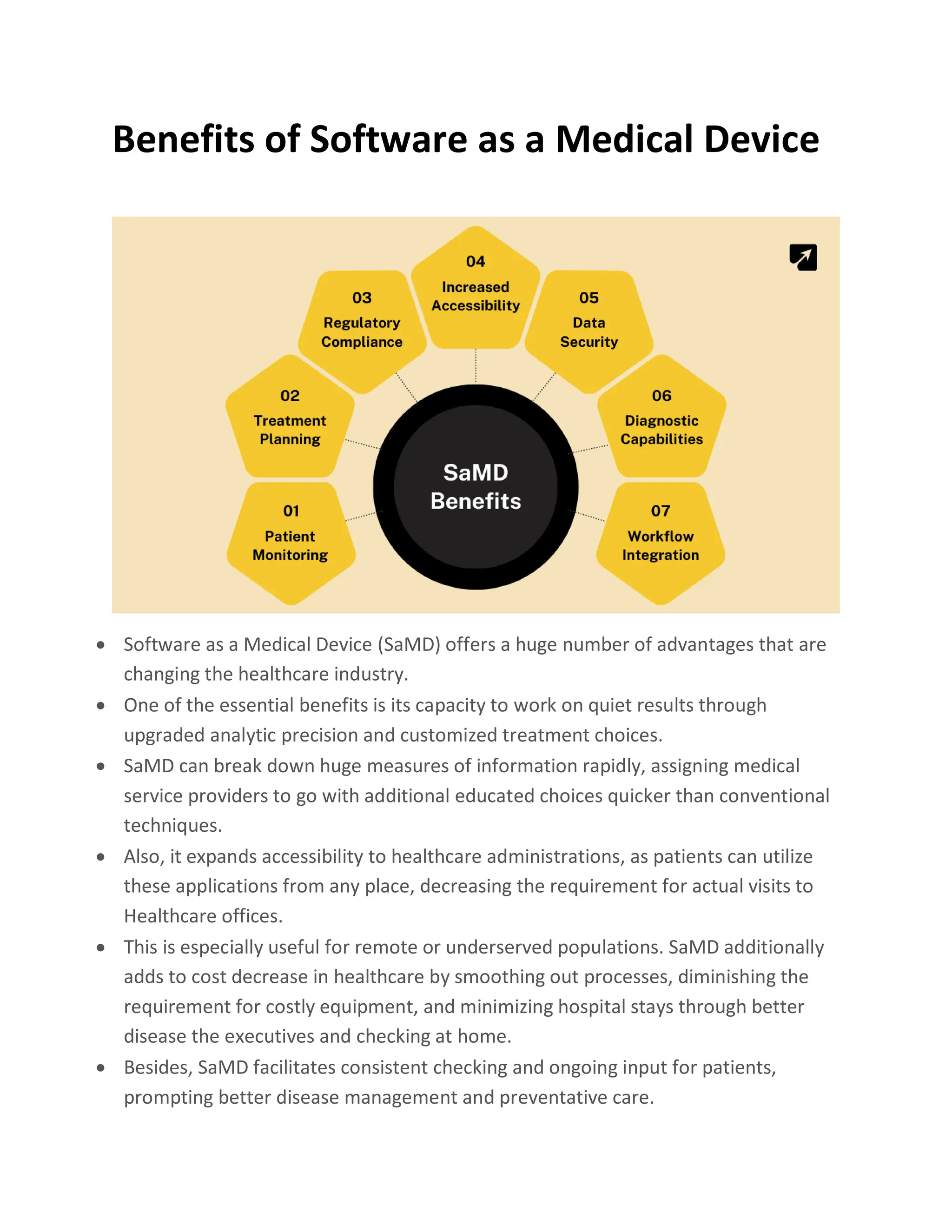Benefits of Software as a Medical Device
• Software as a Medical Device (SaMD) offers a huge number of advantages that are
changing the healthcare industry.
• One of the essential benefits is its capacity to work on quiet results through
upgraded analytic precision and customized treatment choices.
• SaMD can break down huge measures of information rapidly, assigning medical
service providers to go with additional educated choices quicker than conventional
techniques.
• Also, it expands accessibility to healthcare administrations, as patients can utilize
these applications from any place, decreasing the requirement for actual visits to
Healthcare offices.
• This is especially useful for remote or underserved populations. SaMD additionally
adds to cost decrease in healthcare by smoothing out processes, diminishing the
requirement for costly equipment, and minimizing hospital stays through better
disease the executives and checking at home.
• Besides, SaMD facilitates consistent checking and ongoing input for patients,
prompting better disease management and preventative care.
 
