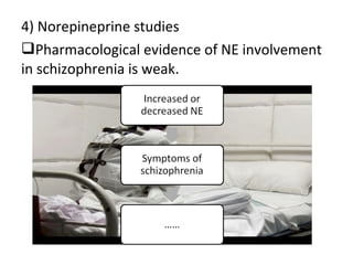 4) Norepineprine studies
Pharmacological evidence of NE involvement
in schizophrenia is weak.
 