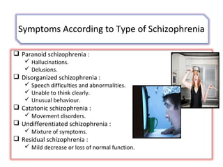 Symptoms According to Type of Schizophrenia
 Paranoid schizophrenia :
 Hallucinations.
 Delusions.
 Disorganized schizophrenia :
 Speech difficulties and abnormalities.
 Unable to think clearly.
 Unusual behaviour.
 Catatonic schizophrenia :
 Movement disorders.
 Undifferentiated schizophrenia :
 Mixture of symptoms.
 Residual schizophrenia :
 Mild decrease or loss of normal function.
 