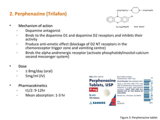 2. Perphenazine (Trilafon)
• Mechanism of actionMechanism of action
- Dopamine antagonist
- Binds to the dopamine D1 and dopamine D2 receptors and inhibits their
activity
- Produce anti-emetic effect (blockage of D2 NT receptors in the
chemoreceptor trigger zone and vomiting centre)
- Binds the alpha-andrenergic receptor (activate phosphatidylinositol-calcium
second messenger system)
• DoseDose
- ≤ 8mg/day (oral)
- 5mg/ml (IV)
• PharmacokineticsPharmacokinetics
- t1/2: 9-12hr
- Mean absorption: 1-3 hr
Figure 3: Perphenazine tablet
 