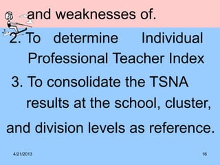 4/21/2013 16
and weaknesses of.
2. To determine Individual
Professional Teacher Index
3. To consolidate the TSNA
results at the school, cluster,
and division levels as reference.
 