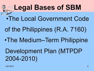 4/21/2013 6
Legal Bases of SBM
•The Local Government Code
of the Philippines (R.A. 7160)
•The Medium–Term Philippine
Development Plan (MTPDP
2004-2010)
 