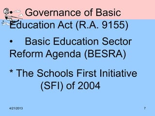 4/21/2013 7
• Governance of Basic
Education Act (R.A. 9155)
• Basic Education Sector
Reform Agenda (BESRA)
* The Schools First Initiative
(SFI) of 2004
 