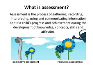 What is assessment?
Assessment is the process of gathering, recording,
interpreting, using and communicating information
about a child’s progress and achievement during the
development of knowledge, concepts, skills and
attitudes.
Summative assessment Formative assessment
 