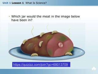 Unit 1 Lesson 1 What Is Science?
• Which jar would the meat in the image below
have been in?
https://quizizz.com/join?gc=68013709
 