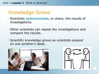 Unit 1 Lesson 1 What Is Science?
Knowledge Grows
• Scientists communicate, or share, the results of
investigations.
• Other scientists can repeat the investigations and
compare the results.
• Scientific knowledge grows as scientists expand
on one another’s ideas.
 