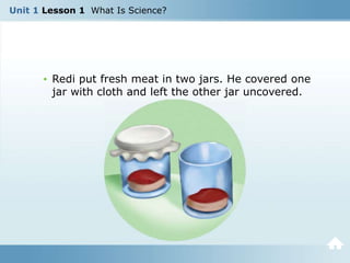 Unit 1 Lesson 1 What Is Science?
• Redi put fresh meat in two jars. He covered one
jar with cloth and left the other jar uncovered.
 