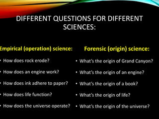 DIFFERENT QUESTIONS FOR DIFFERENT
SCIENCES:
Empirical (operation) science:
• How does rock erode?
• How does an engine work?
• How does ink adhere to paper?
• How does life function?
• How does the universe operate?
Forensic (origin) science:
• What’s the origin of Grand Canyon?
• What’s the origin of an engine?
• What’s the origin of a book?
• What’s the origin of life?
• What’s the origin of the universe?
 